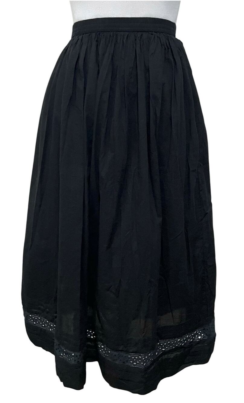 Women’s Black Cotton Midi Skirt Embroidered Eyelet Hem Pleated Elastic Waist PL